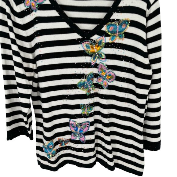 Just B Womens V-neck sweater Butterfly Embellished  Black  3/4 Sleeve size large - Picture 3 of 13